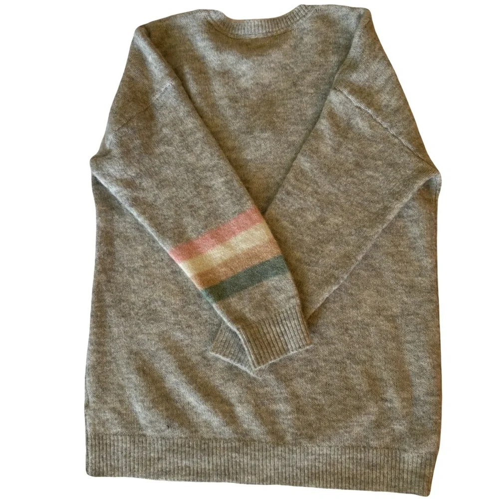 Sundry Light Gray V-Neck Sweater with Pastel Stripe Sleeve - Picture 3 of 9